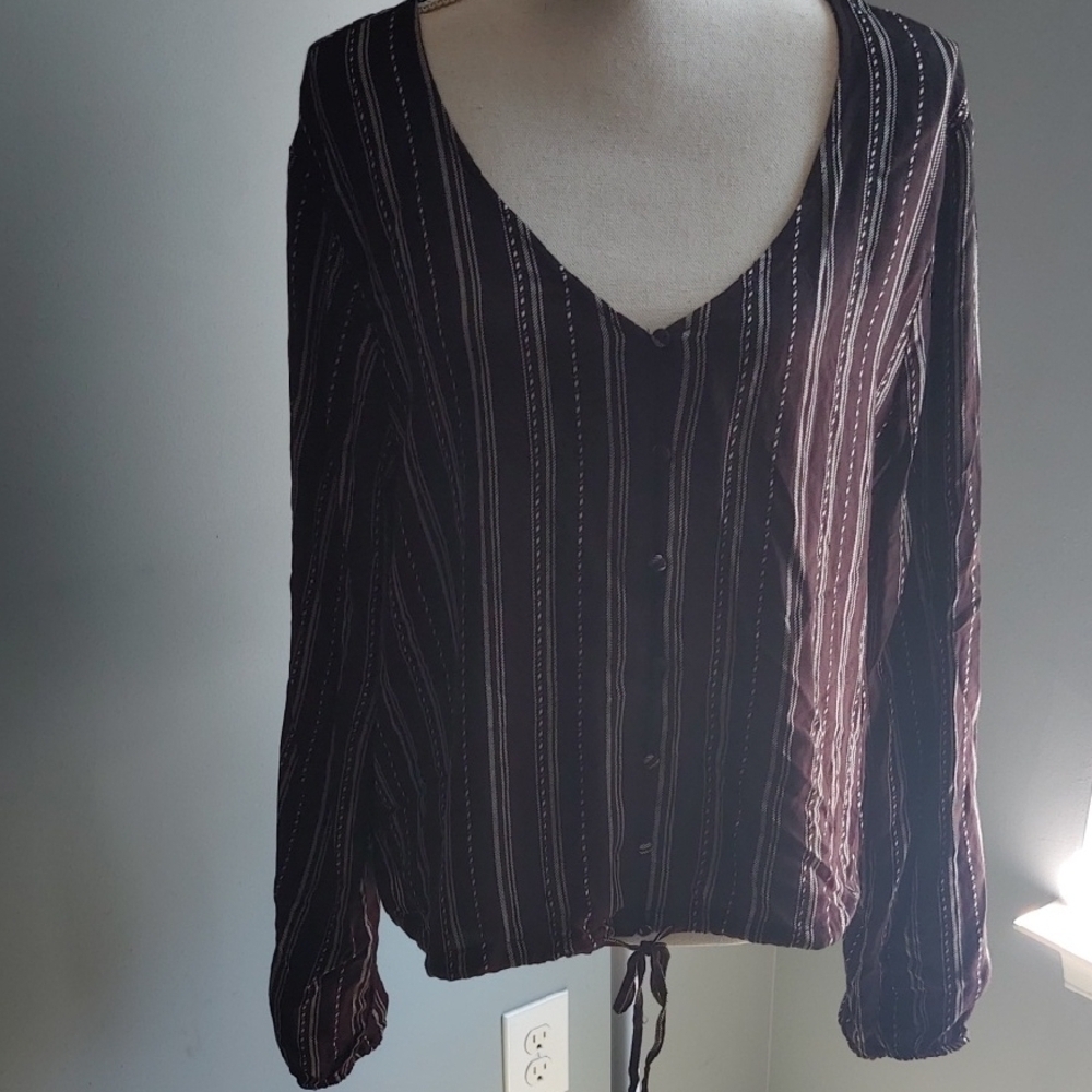 a.n.a. striped V-Neck Button-Up rayon Blouse